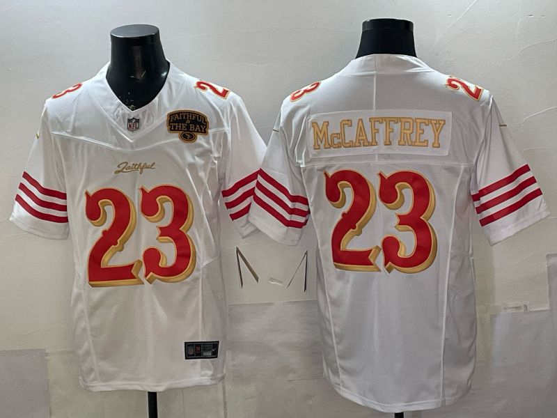 Men 2026 San Francisco 49ers #23 Mccaffrey White Gold 5th generations Nike Limited NFL Jersey style 006->san francisco 49ers->NFL Jersey